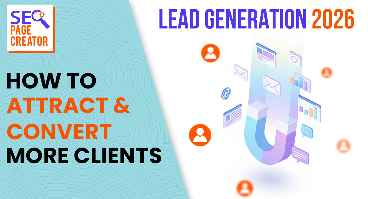 SEO Page Creator logo. Graphic of a magnet attracting digital marketing elements web pages, emails, analytics to represent lead generation in 2026. Text reads: "How to Attract & Convert More Clients.
