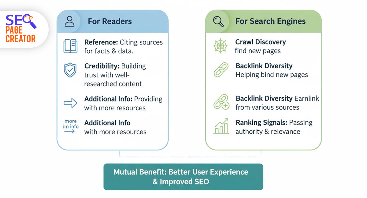 Detailed infographic explaining the dual purpose of website links, including reasons for readers and search engines, emphasizing how internal linking, dofollow links, and even nofollow backlinks contribute to SEO ranking signals and overall user credibility.