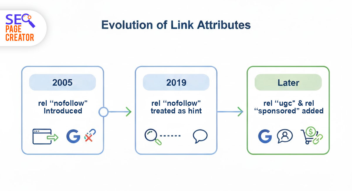 Horizontal timeline showing the evolution of link attributes: 2005 (rel='nofollow' introduced), 2019 (nofollow treated as hint), and Later (rel='ugc' and rel='sponsored' added).